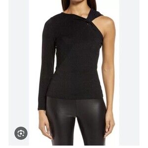 Halogen Shimmer One-Shoulder Black Top Blouse Women’s Size L NEW Dressy B1